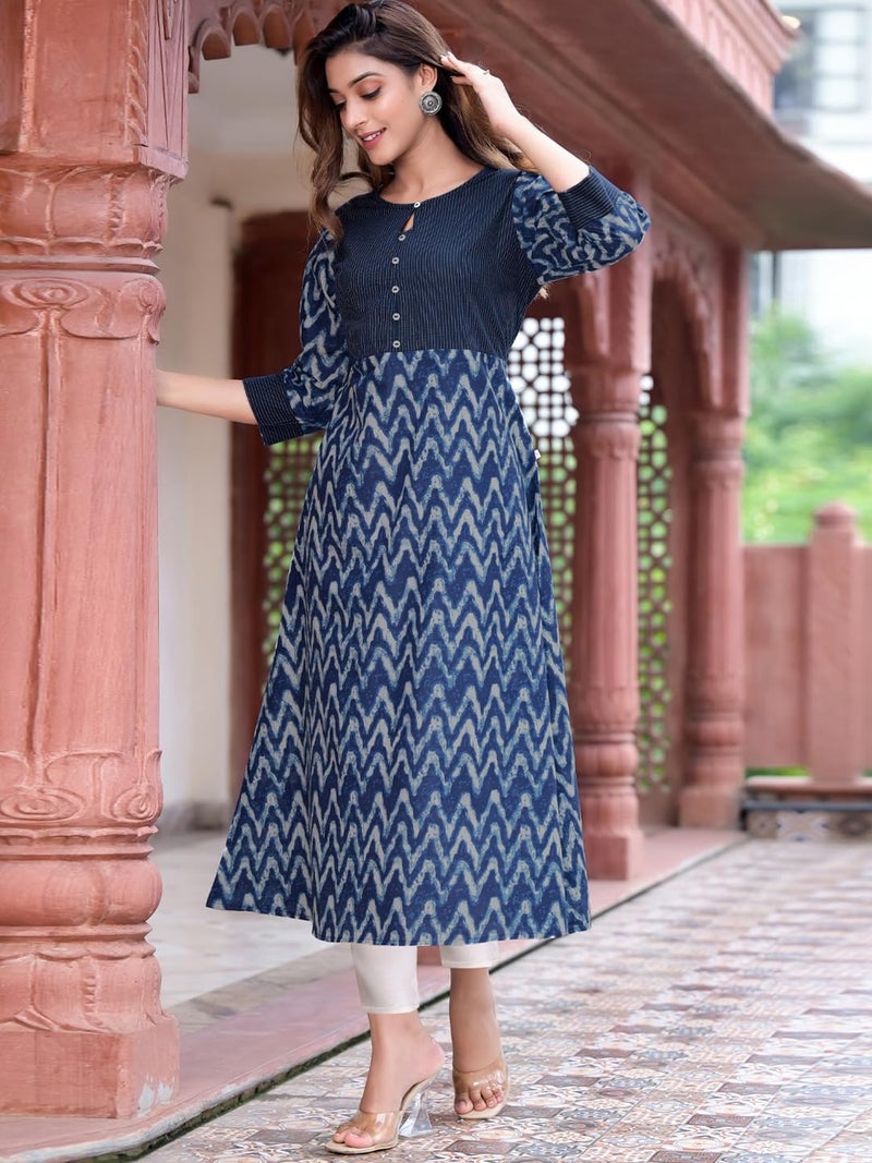 Yash Gallery Women's Cotton Chevron Kantha A-line Indian Calf Length 3/4 Sleeves Kurtis Dresses (Blue) - Image 3
